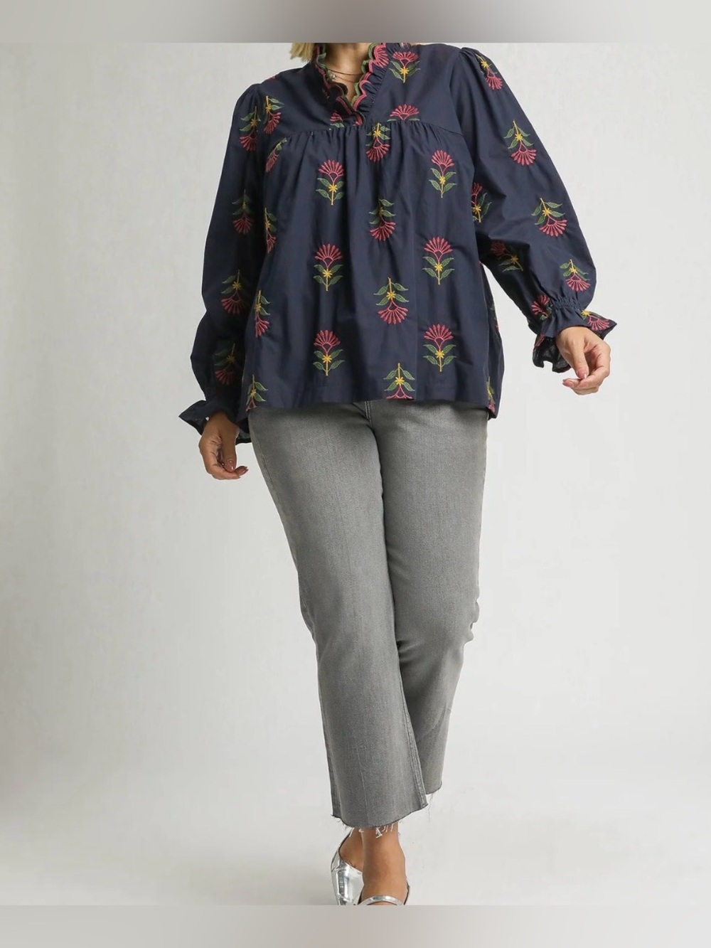 Umgee Navy Top with Pink and Green Floral Stitching